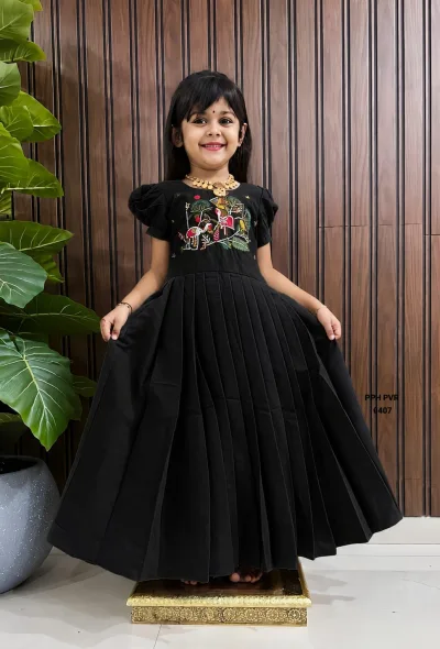 Girls Mustard Yellow Embroidered Pleated Gown Dress